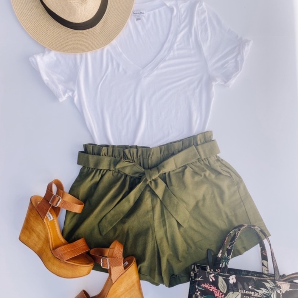 Women’s Linen High Waist Paperbog Shorts- Army Green
